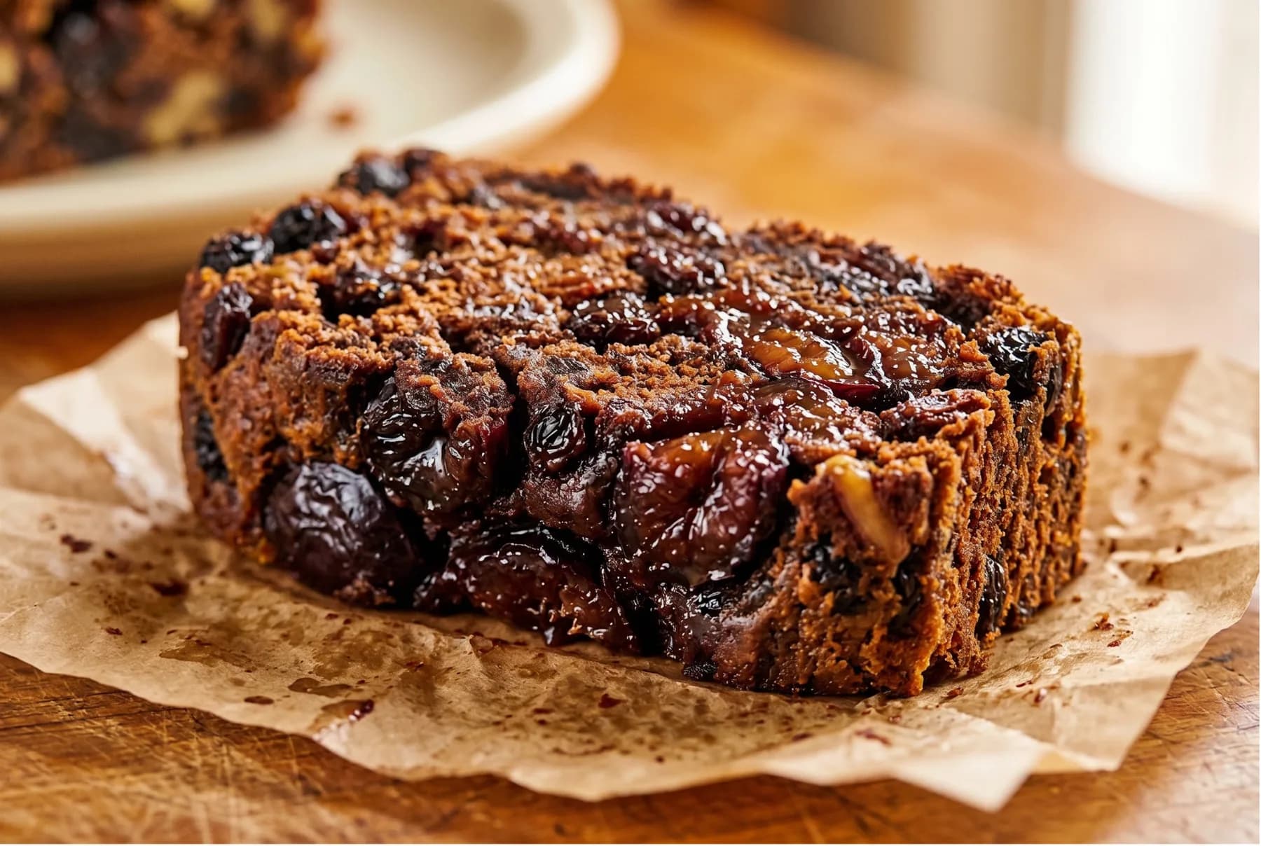 A slice of fruit cake, showing how much fruit is packed into the crumb.