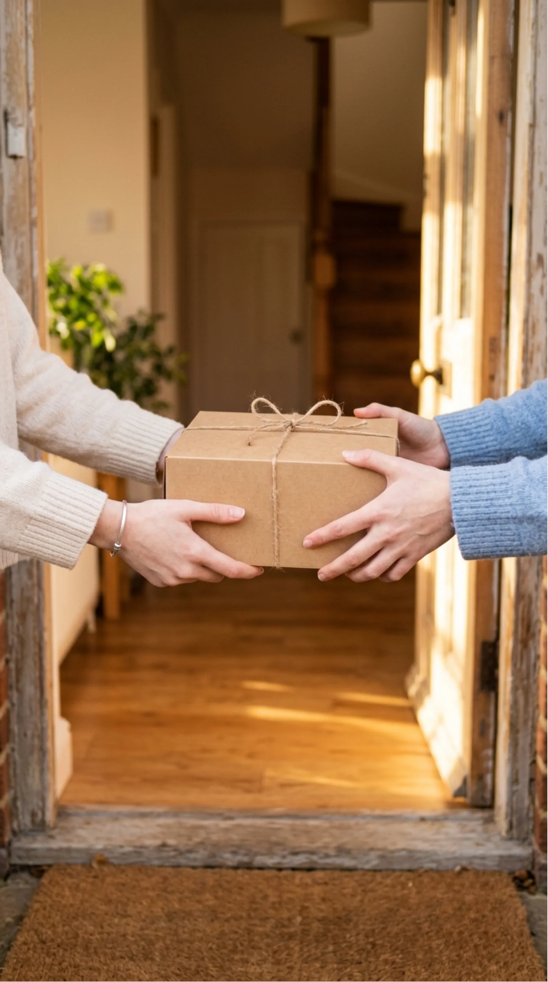 A boxed cake being handed over at the door.