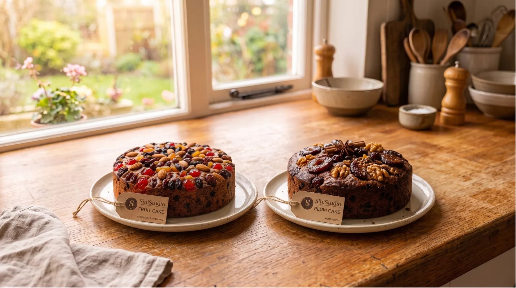 A fruit cake and a plum cake side by side, both dark and dense with fruit.