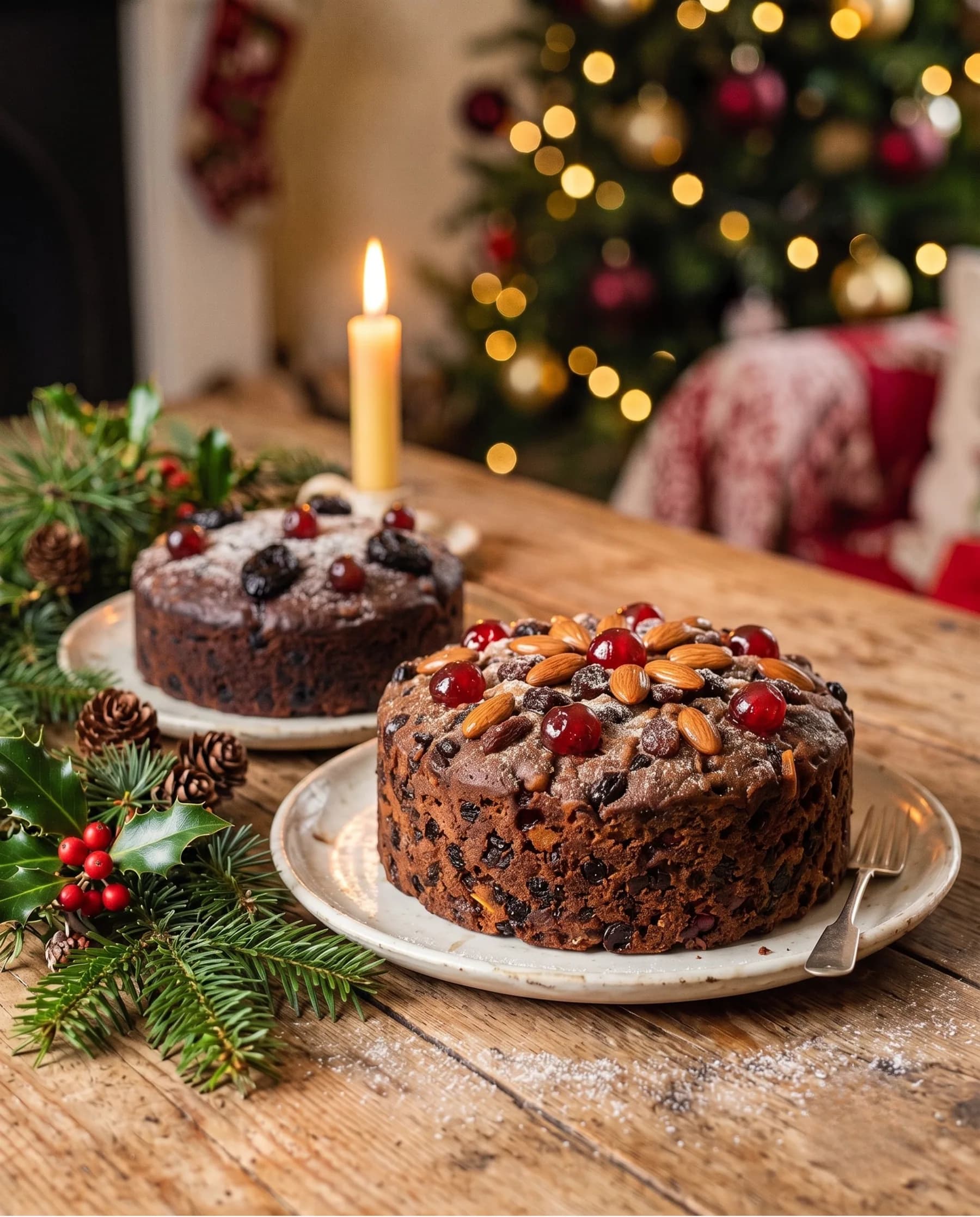 A fruit cake and a plum cake set for Christmas.
