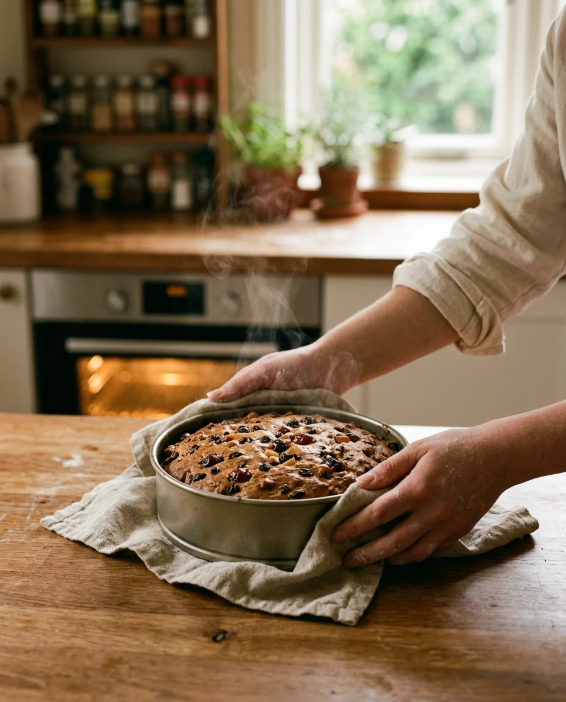 A fruit cake just out of the oven, still steaming.