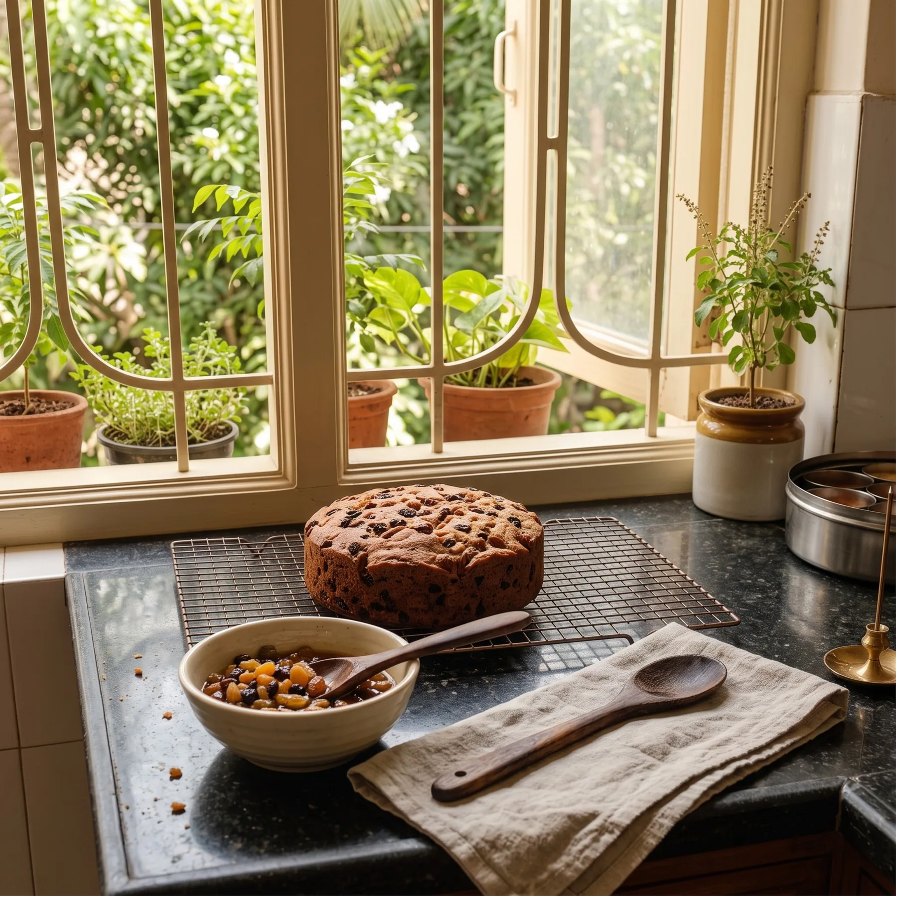 A finished cake resting on the counter of a home kitchen in Bengaluru.