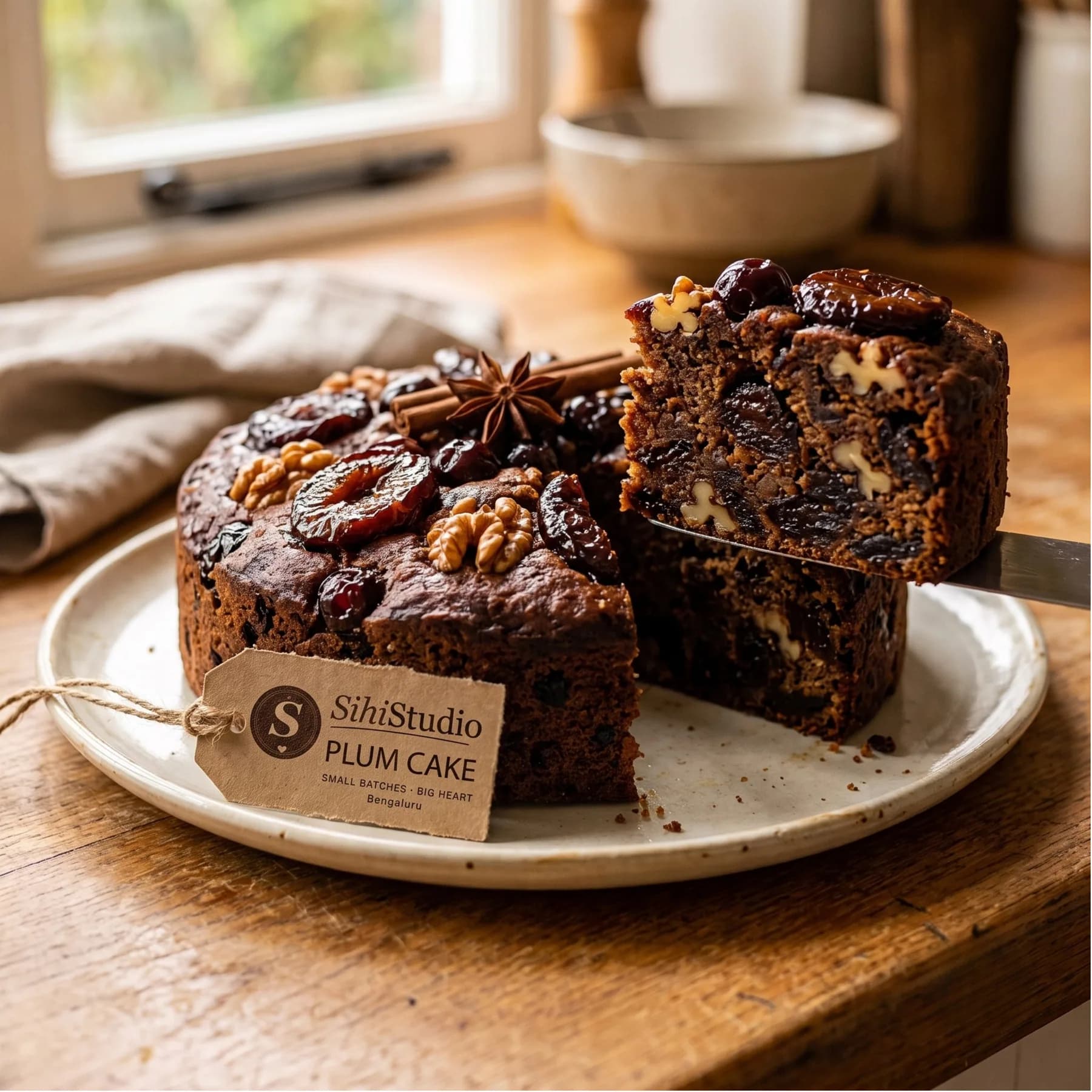 A whole plum cake, dark and glossy, dusted with sugar.