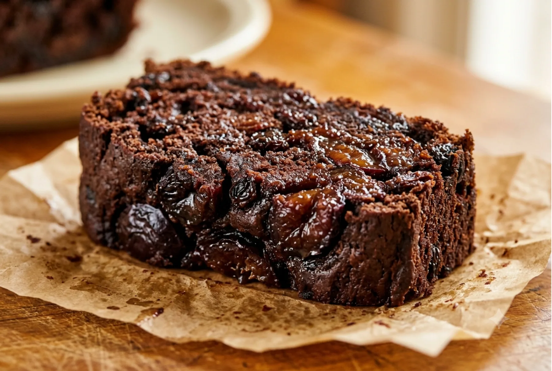 A slice of plum cake, dark right through with plums and raisins.